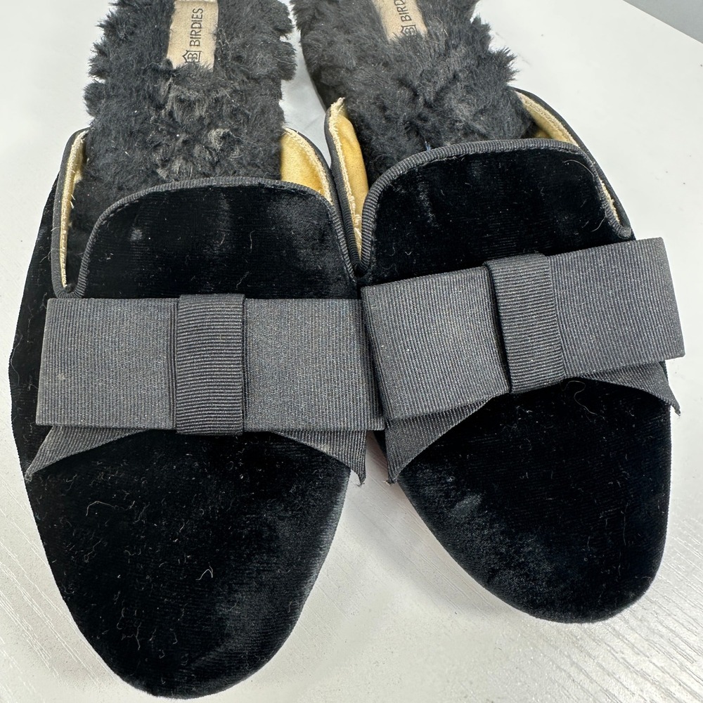Birdies faux fur bow slippers 5.5 mule style travel mid 2000's goth dark romance - Picture 5 of 7